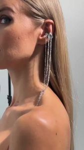 KunJoe Unique Long Tassel No Piercing Ear Clip Earrings for Women Creative Silver Color C-shaped Ear Cuff Fashion Jewelry Gift