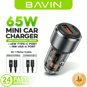 BAVIN PC2153 Mini 65W PD Fast Charging Car Charger Compact & Portable w/ USB-C+USB-A Ports + 1m Cable for Phones/Laptop