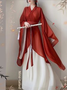 Red Large Sleeve Hanfu Set for Women Spring Autumn Seasonal Traditional Chinese Clothing Jin Dynasty Style Collar Cheongsam