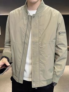 ROMON | Lormen Mens Jacket Coat Spring Autumn Baseball Collar Flight Suit Trendy Short Windproof Fleece Lined Zipper Closure Fashionable Outerwear