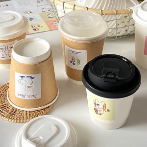 Thickened Disposable Coffee Cup Takeaway Hot Drink Milk Tea Cup Double Layered Kraft Paper Cup with Lid for Outdoor Activities