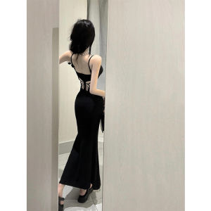 Sweet Spicy Wind Womens Dress Summer Style Pure Color Exposed Waist Long Dress with U-Collar Bodycon Skirt