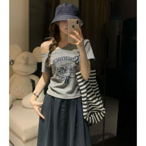 YUEZHONGWEI | Yellow Shoulder Bared Letter Print Short Sleeve T Shirt Womens Slim Fit Summer Hot Girl Top Korean Style Commute Fashion