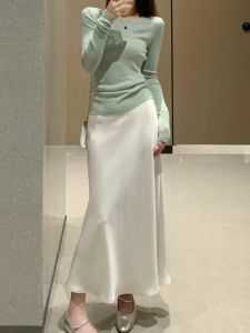 White Satin Fish Tail Half Skirt Womens Summer Elegant A-Line Bodycon Long Skirt High Waist Korean Style Commute Dress