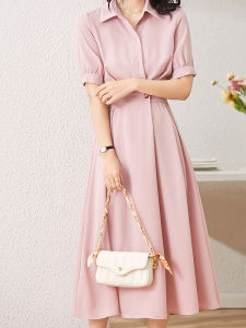 Moxi Ni Pink Dress Womens Summer New Waist-Cinching Slimming Elegance Goddess Style Shirt Dress Mid-Length A-Line Dress