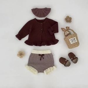 Bộ Đồ Thu Đông Bé Gái Dệt Kim Gồm Áo Len Cardigan Và Quần Hai Món Chất Liệu Cotton Dễ Thương Dành Cho Bé 1-3 Tuổi