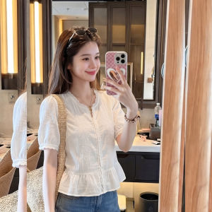 PAIBOLI | Floral Lace Puff Sleeve Waist-Slimming Oversized Shirt