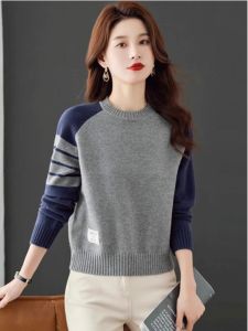 Outlets Brand Big Sale Low round Neck Short Sweater Womens Wool Knitting Colorblock All-Matching Pullover Bottoming Shirt Women