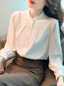 Elegant White Shirt Stand Collar Slim Fit Womens Fashionable French Style Autumn Wear Shirt Sleeve Polyester Fiber Polyester