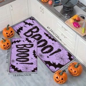 VIKAMA 1/2Pcs Halloween Boo Kitchen Mat Purple Bat Spider Web Non‑Slip Carpet Entrance Welcome Doormat Home Halloween Decoration