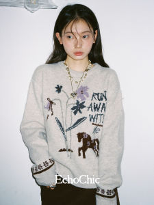 Áo Sweater cổ tròn rộng thoải mái phong cách vintage