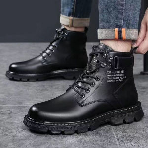 High Cut Boots For Men Casual Martin Boots For Men Ankle Boots Mens Fashion Black Leather Boots Motorcycle Boots Chunky Shoes