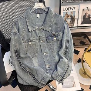 แจ็คเก็ตยีนส์ทรงหลวมสไตล์อเมริกันวินเทจสำหรับคู่รัก แจ็คเก็ตแบบลำลองสำหรับฤดูใบไม้ร่วง แจ็คเก็ตแบบมีกระเป๋า แจ็คเก็ตแบบมีซิป