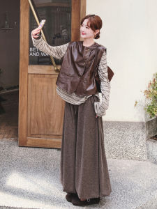 Caramel Loose Fit Lazy Style Leather Vest Set Womens Autumn 2025 New Striped T-Shirt Wide Leg Pants Three Piece Set