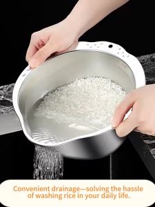 Bát Lọc Rửa Gạo Bằng Thép Không Gỉ Dụng Cụ Nhà Bếp Thân Thiện Với Môi Trường Để Rửa Gạo Và Lọc Rau Với Tay Cầm Kép Và Lỗ Thoát Nước Nhanh