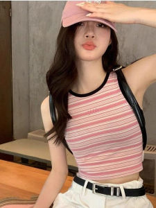 Áo Ba Lỗ Cotton Sọc Màu Hồng Ôm Vừa Vặn Mùa Hè Không Tay Phong Cách Hàn Quốc Dành Cho Nữ Áo Thun Cotton Nguyên Chất Không Tay