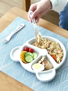 3 Grids Baby Wheat Training Plate Dinnerware Anti-hot Cartoon Bear Bowl Spoon Fork Tableware Set