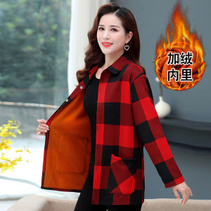 หนาขนแกะเรียงรายความยาวกลางฤดูใบไม้ร่วงฤดูหนาว 2022 สไตล์ใหม่ปุ่มลงเสื้อสําหรับ Mature ผู้หญิง PLUS ขนาดเสื้อลายสก๊อต