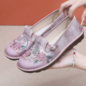 SHIPAILUO | Comfortable Embroidered Beijing Ladies Slip-On Shoes Soft Bottom Casual Footwear Easy To Wear Plant Floral Patterned Flat Heels