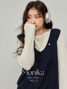 Plus Size Design Faux Two-Piece Regular Shoulder Loose Round Neck Sweater