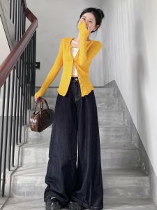 Retro High Waist Wide Leg Denim Jeans Womens Autumn Long Trousers Draping Sensation Tall Size 175 Dark Blue Color