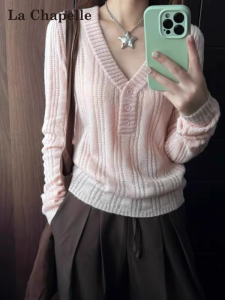 La Chapelle | Áo Sweater Len Cổ V Đẹp và Độc Đáo cho Nữ Màu Hồng