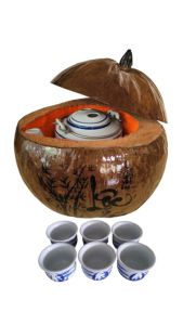 Bộ bình ủ trà trái dừa khắc chữ "Lộc tấn vinh hoa" / Bình trà 04 - 09 lít / Giữ ấm 3 - 6 giờ / Sản phẩm sản xuất thủ công trứ danh xứ dừa Bến Tre
