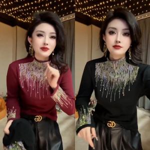 เสื้อยืดคอกลมแขนยาวผู้หญิงฤดูหนาว ทรงหลวม ปกโปโล ผ้าฝ้ายผสมสแปนเด็กซ์ ความยาวปกติ เสื้อผ้าทำงานระดับไฮเอนด์