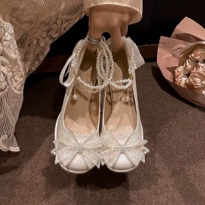 Princess Style Satin High Heels with Flared Heel round Toe Adult Ceremony White Wedding Shoes for Brides And Maids