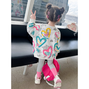 Korean Style Graffiti Sportswear Set for Girls Baby Girls Two-Piece Suit Autumn Fashionable Clothes Childrens Clothing