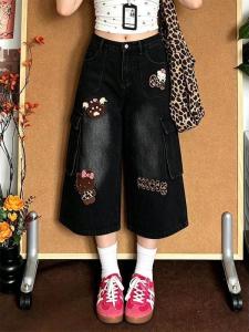 QIANCHANGNAAI | Sweet and Cool Workwear Style 3/4 Length Denim Jeans for Women Loose Flared with Embroidery Straight Leg