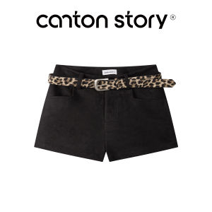Cantonstory | Quần Short Đùi Cao Retro Màu Khaki In Báo