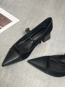 สีดำ รองเท้าส้นสูง Mary Jane มืออาชีพ ผู้หญิง ฤดูใบไม้ผลิ ฤดูร้อน แฟชั่นใหม่ Sharp Pointed Toe ทันสมัย ส้นหนาแบบสวม