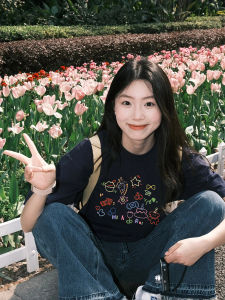 American Style Loose Long Sleeve T-Shirt Womens Spring New Pure Cotton Base Shirt Inner Wear Short Sleeve Printed Top