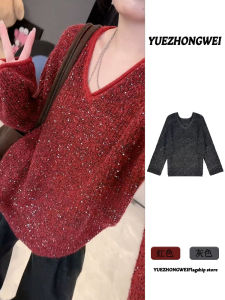 New Year Red V-neck Sequin Sweater Womens Loose Lazy Style Mid-length Knitted Top Winter Autumn Thickened Long Sleeve Crew Neck