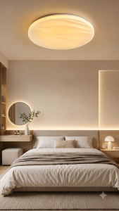 Đèn trần tròn LED ấm áp cho phòng ngủ hiện đại với ánh sáng dịu nhẹ và thiết kế tối giản.