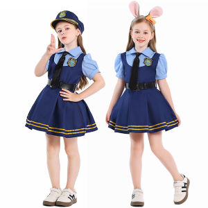Girls Bunny Police Officer Cosplay Dress Headwear Hat Set Children Stage Performance Outfits Kids Halloween Birthday Clothes