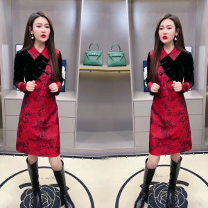 Elegant Velvet Cheongsam Dress with Button Splicing Style for Women Spring Autumn Winter Long Sleeve Classical Style