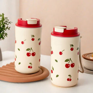 350/400ml Tumbler Plastic Water Cup With Rope Cherry Pattern Milk Coffee Mug Reusable Water Bottle For Student School Travel