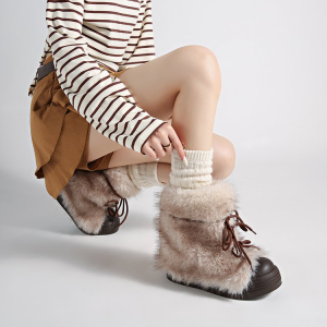 OKBOOMER Long Fur Lined Winter Boots Thick Bottom Warm Womens Shoes Large Size 41 Cross Buckle Casual Mid-Calf Snow Boots