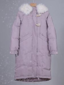 Purple Fur Collar Warm Winter Women Down Jacket Long
