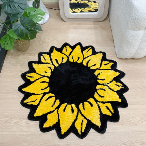 Yellow Sunflower Flower Shaped Shaggy Rug - Fluffy Flocked Carpet Soft Anti-Slip Floor Mat for Living Room Bedroom Home Decor