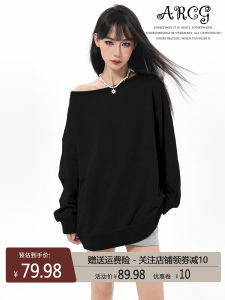 American Style Black Asymmetrical Shoulder Hoodie Womens Long Sleeve Early Autumn Casual Loose Fit Fashionable Streetwear