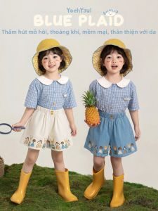 YOEHYAUL | Bộ Đồ Hai Mảnh Cho Bé Mùa Hè Màu Xanh Và Trắng Kẻ Caro Phong Cách Học Đường Chân Váy A-line