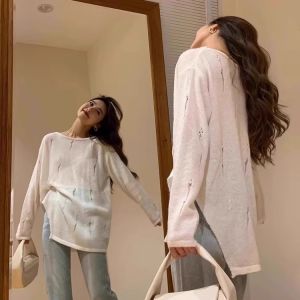 เสื้อคลุมถักหลวมๆ แขนยาวทรงหลวมๆ สำหรับผู้หญิงไซส์ใหญ่ ฤดูใบไม้ผลิและฤดูร้อน เสื้อคลุมแฟชั่นใหม่ ผ้าฝ้ายผสมโพลีเอสเตอร์ ทรงหลวมๆ