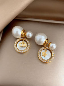 Elegant French Pearl Shell Front And Back Embedded Zirconia Womens Fashion Hoops Pearl Mother of Pearl Stud Earrings
