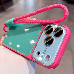 Luxury Lanyard Contrast Color Phone Case for iPhone 18 17 16 15 14 Pro Max 17Pro 16Pro Camera Lens Protection Glossy Back Cover