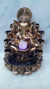Majestic Golden Ganesha Lotus Fountain with LED Crystal Sphere