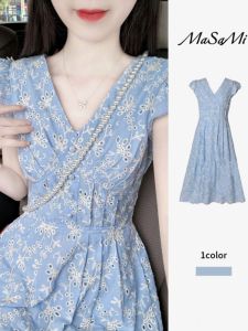 ชุดเดรสยาวคอวีแขนกุดสีน้ำเงินสไตล์ฝรั่งเศสสำหรับฤดูร้อน กระโปรงทรงเอเอวสูง ผ้าฝ้ายผสมโพลีเอสเตอร์ ชุดทำงานลำลอง