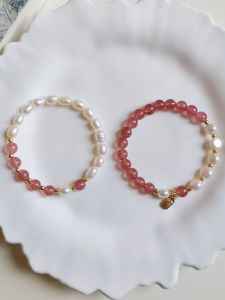 Luxurious Natural Crystal Strawberry Quartz Freshwater Pearl Bracelet for Women Elegant Sweet Gift for Girlfriend Friend